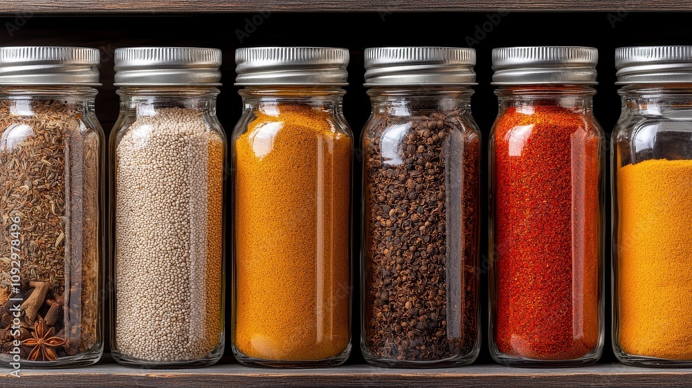 A close-up of neatly arranged glass jars filled with colorful spices and herbs, showcasing organization and culinary inspiration. A close-up of neatly arranged glass jars filled with colorful spices and herbs, showcasing organization and culinary inspiration.