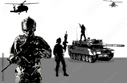 Silhouette tank and combat helicopter with soldiers - military operation troop