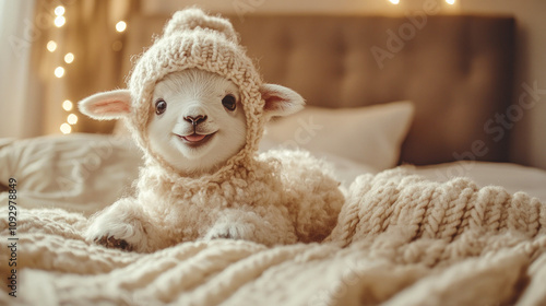 Cheerful lamb in knitted hat on fluffy blanket photo