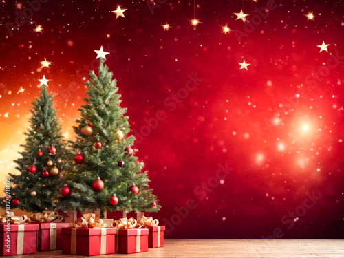 Christmas Trees with Presents and Red Background