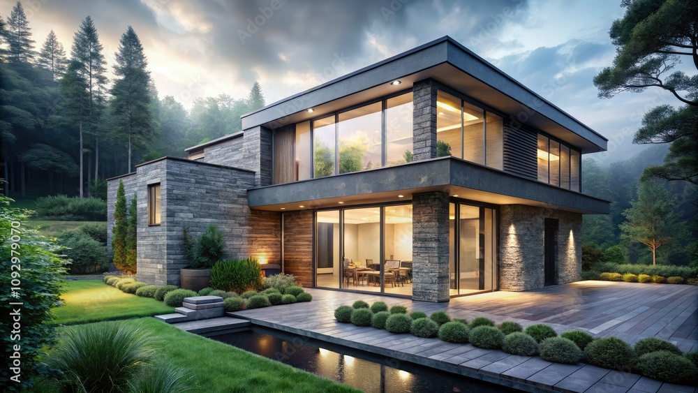 Contemporary Stone-Clad House with Large Windows in Lush Greenery and Misty Natural Setting Contemporary Stone-Clad House with Large Windows in Lush Greenery and Misty Natural Setting