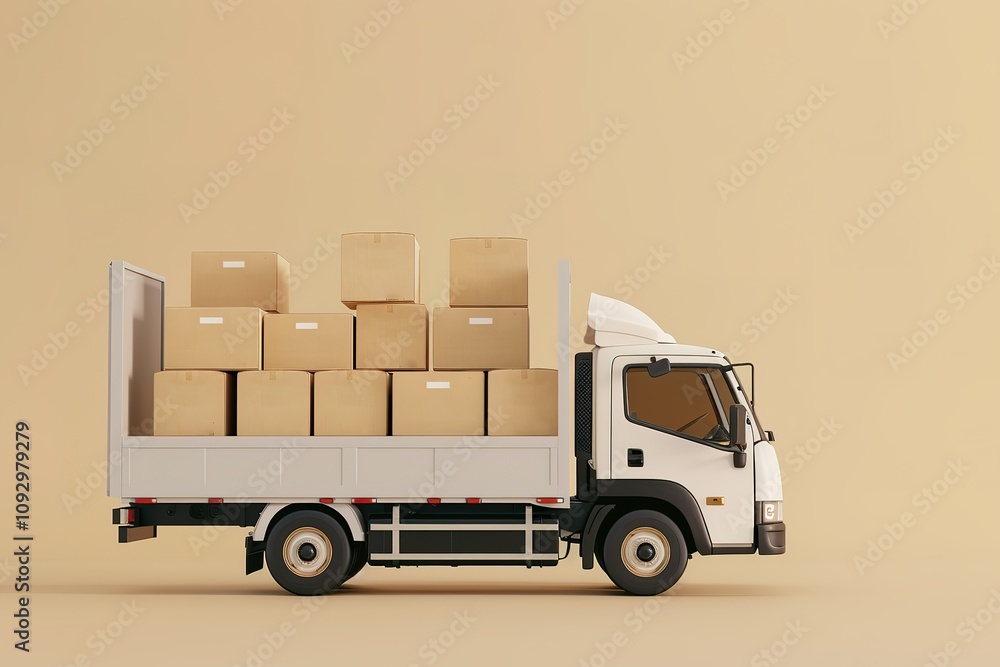 A white truck is filled with boxes and is parked on a tan surface A white truck is filled with boxes and is parked on a tan surface