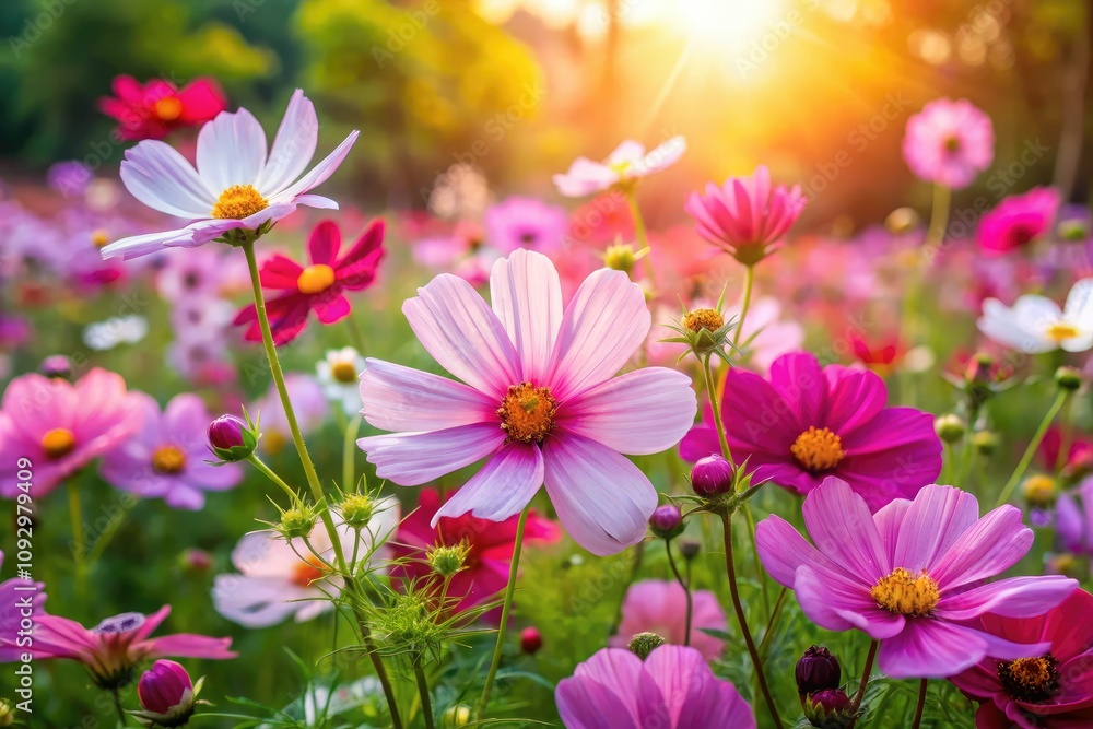 Cosmos flowers burst with vibrant colors in a lush garden, artistically captured using the rule of thirds, showcasing the captivating beauty of nature in soft focus. Cosmos flowers burst with vibrant colors in a lush garden, artistically captured using the rule of thirds, showcasing the captivating beauty of nature in soft focus.