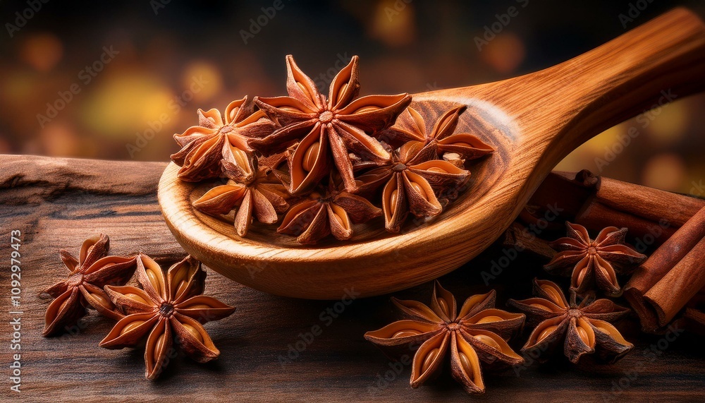 Star anise and cinnamon sticks on a wooden spoon and table. Warm autumnal tones. Star anise and cinnamon sticks on a wooden spoon and table. Warm autumnal tones.