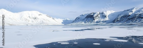 Snowy fjord with a frozen lake and surrounding mountains in the background, frozen terrain, winter wonderland, frozen lake