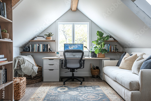 Fototapeta Naklejka Na Ścianę i Meble -  Revamped attic turned into a modern home office space, remote work station.