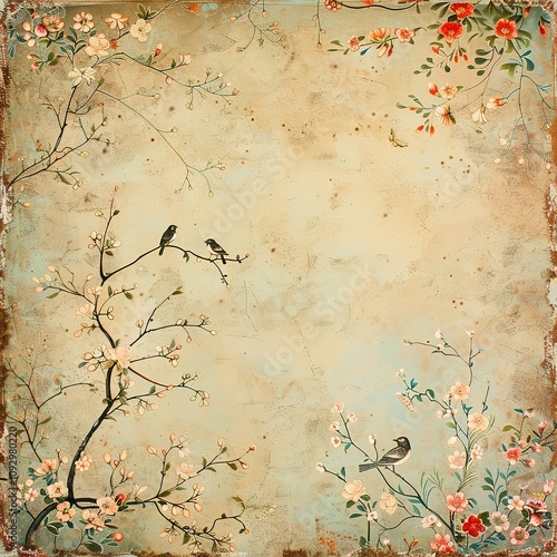 The painting has a serene and peaceful mood, with the birds