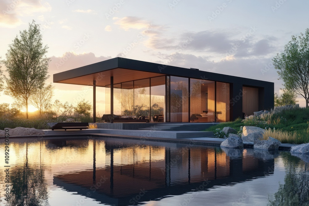 Modern House by Water at Sunset Modern House by Water at Sunset