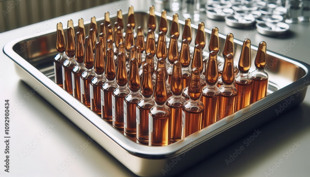 A tray holds ampoules with labels, indicating organization and preparation for use in a laboratory or medical setting..Concept: Labeled medications A tray holds ampoules with labels, indicating organization and preparation for use in a laboratory or medical setting..Concept: Labeled medications
