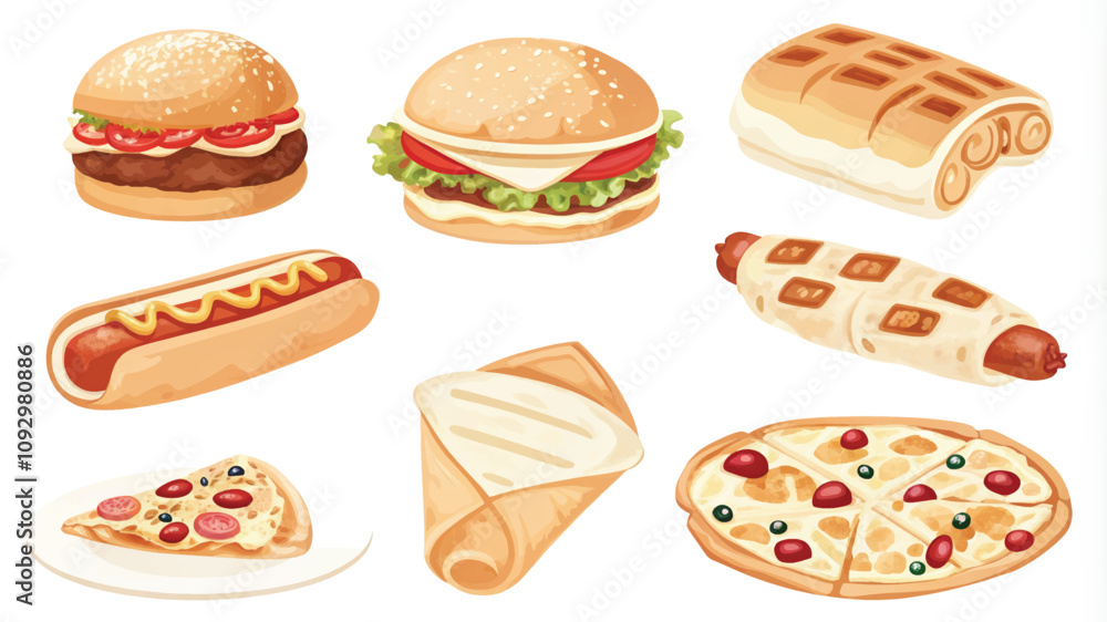 Big set of fast food. Burger, hot dog, pizza, hamburger, pizza. Vector illustration. Big set of fast food. Burger, hot dog, pizza, hamburger, pizza. Vector illustration.