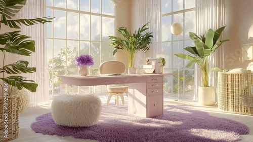 A cozy and dreamy workspace with a lavender colored desk pastel toned decorative elements and a soft plush rug creating a serene and inspiring environment for productivity and creativity photo