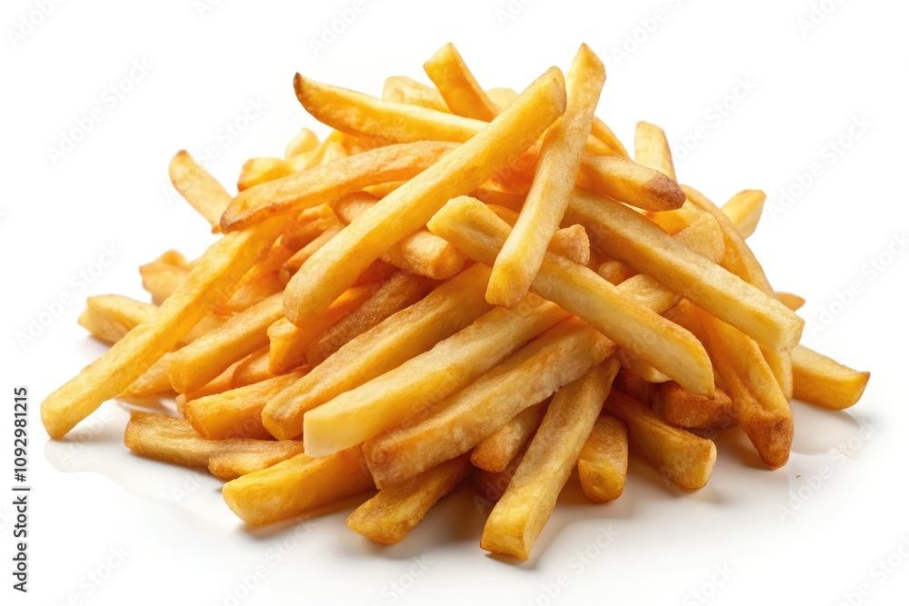 Crispy, golden French fries on a white backgroundâ€”an irresistible snack for food enthusiasts, ideal for fast food cravings, culinary creations, and stunning snack photography.