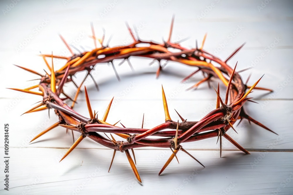 Fototapeta premium Crown of Thorns on a white background symbolizes Christian faith, spiritual reflection, and Easter celebration, embodying minimalist design and sacred ceremonies during Holy Week observances.