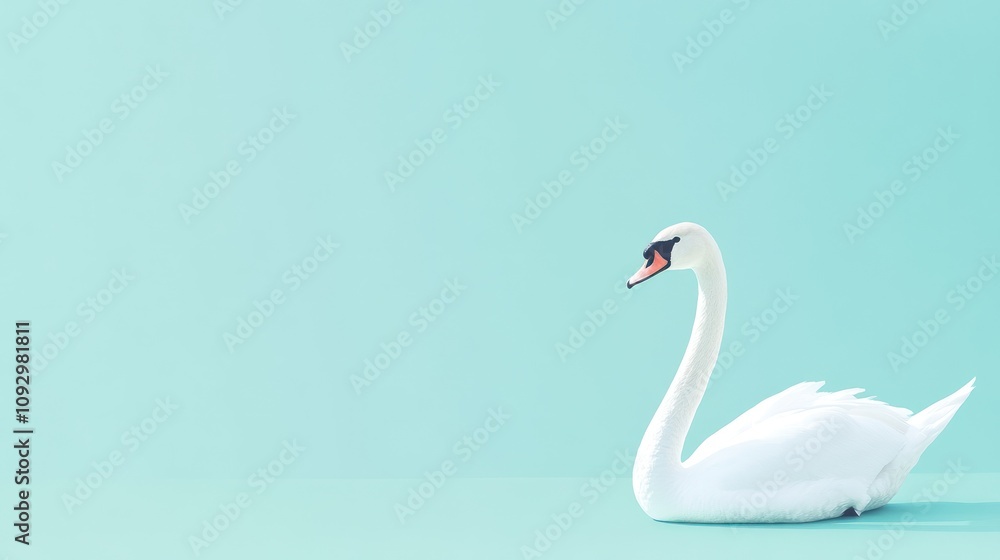 Fototapeta premium A serene white swan gracefully poses against a minimalistic turquoise background.
