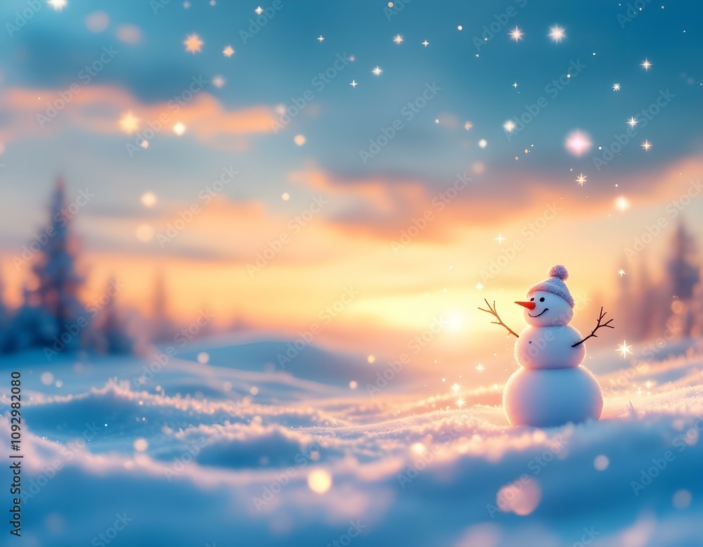 Fototapeta premium Cheerful Snowman at Sunset in a Sparkling Winter Wonderland