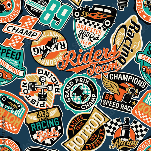 Kids racing team badges patchwork wallpaper vintage vector seamless pattern for children kid sport wear fabric shirt sweatshirt pajamas