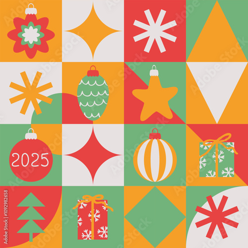 Retro New year 2025 geometric pattern. Christmas background for banner, flyer, label, postcard, sale. Minimal style vector illustration.