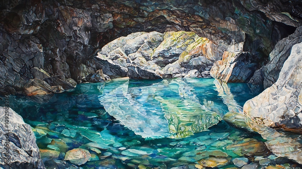 Breathtaking natural beauty inside a large sea cave with light reflecting off the clear blue water and creating mesmerizing patterns on the rocky walls A serene and captivating geological wonder Breathtaking natural beauty inside a large sea cave with light reflecting off the clear blue water and creating mesmerizing patterns on the rocky walls A serene and captivating geological wonder
