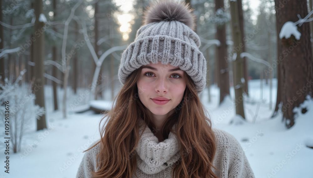 Woman in knitted hat and sweater standing in snowy forest Woman in knitted hat and sweater standing in snowy forest