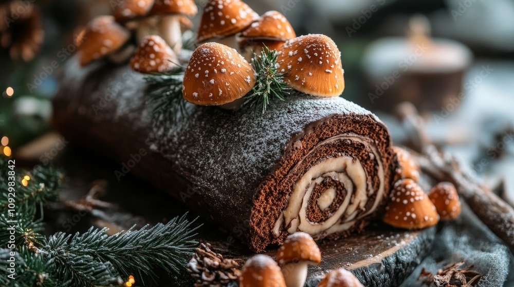 Fototapeta premium Indulge in a Delicious Chocolate Yule Log Dessert Artfully Decorated with Mushrooms and Pinecones for a Festive Touch