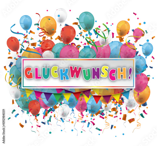 Glückwunsch Banner mit bunten Luftballons, Girlanden und Konfetti