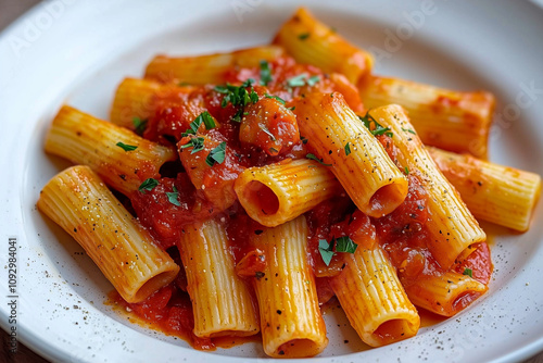 classic rigatoni pasta with rich tomato sauce and fresh herbs on a white plate photo