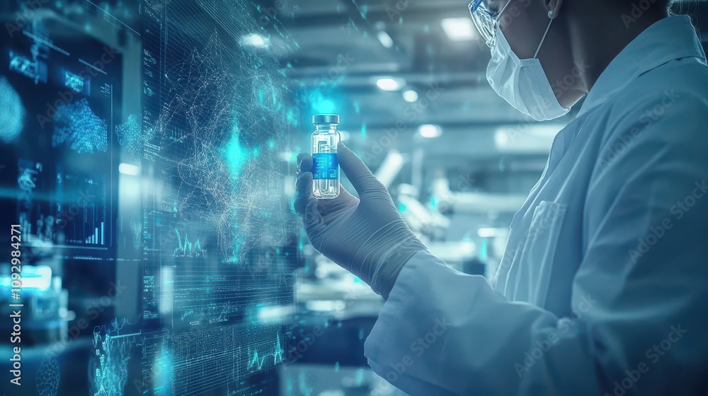 A scientist is holding a vial in a lab with a computer screen behind him A scientist is holding a vial in a lab with a computer screen behind him