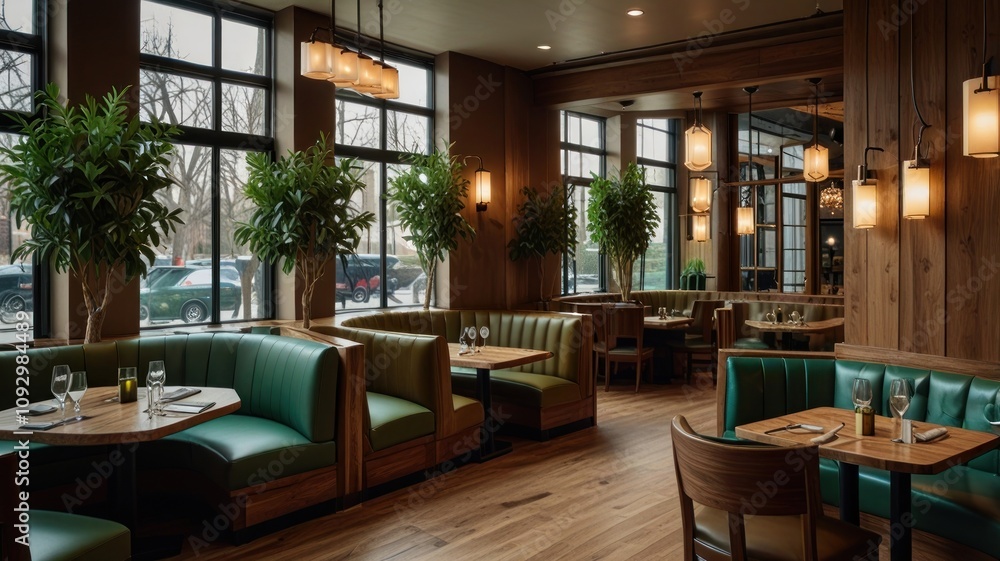 Here's a possible and keyword list for your stock photo.. _Elegant restaurant interior with green booths, wood floors, and large windows._ Here's a possible and keyword list for your stock photo.. _Elegant restaurant interior with green booths, wood floors, and large windows._
