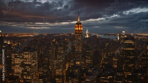 City At Night. Nyc New York. Skyline Skyscrapers. Aerial View.