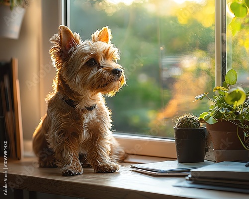 pet friendly workspace ,Cozy Pet-Friendly Office Vibes Dog sitting by the window, peaceful moment. Workspace Harmony with Pets photo