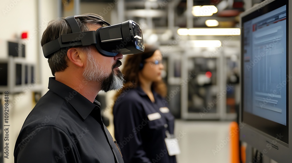 Technician engaging with virtual reality tools to learn complex manufacturing processes Technician engaging with virtual reality tools to learn complex manufacturing processes