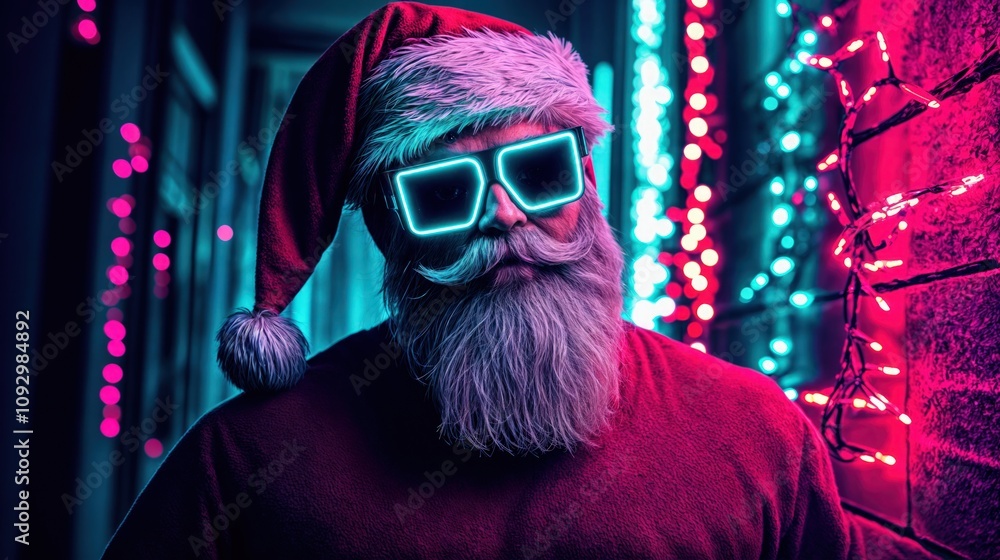 Obraz premium Futuristic Santa Claus in neon sunglasses surrounded by glowing Christmas lights
