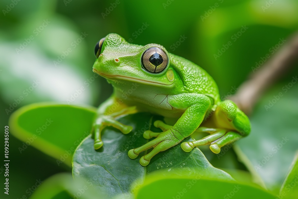A vibrant green frog perched on a leaf, symbolizing nature's beauty and tranquility. A vibrant green frog perched on a leaf, symbolizing nature's beauty and tranquility.