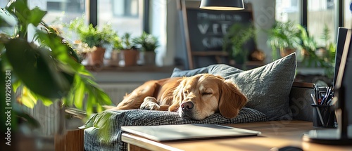 pet friendly workspace ,Cozy Pet-Friendly Office Vibes Sleeping dog on a cozy workspace, plants nearby Workspace Harmony with Pets photo