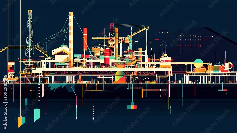 Obraz premium Detailed cross section of a colorful and complex offshore oil rig platform showcasing the intricate network of pipelines drilling equipment