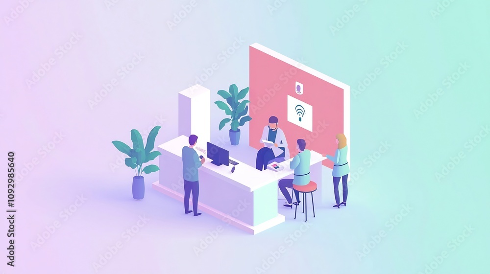 A modern flat design depicting a digital health clinic where patients and doctors interact seamlessly through advanced technological solutions in a clean and sleek environment A modern flat design depicting a digital health clinic where patients and doctors interact seamlessly through advanced technological solutions in a clean and sleek environment
