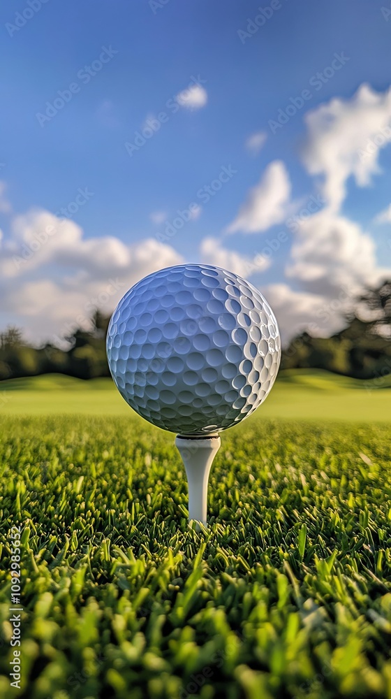 Golf Ball on Tee on Green Grass with Blue Sky Golf Ball on Tee on Green Grass with Blue Sky