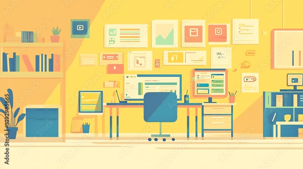 A modern flat design showcasing a comfortable and organized creative workspace filled with computers laptops tools and social media analytics dashboards A modern flat design showcasing a comfortable and organized creative workspace filled with computers laptops tools and social media analytics dashboards