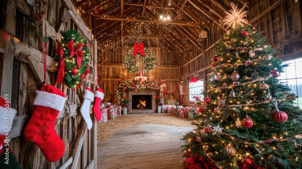Fototapeta premium Christmas on the farm: a decorated tree, a roaring fireplace, and stockings create a cozy and festive holiday atmosphere in this rustic setting.