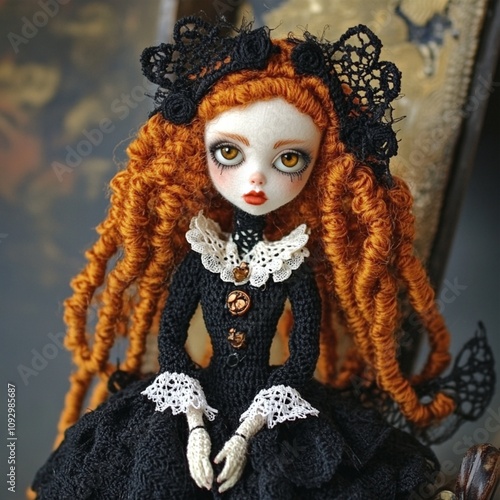 Nice halloween gothic girl witch doll crocheted made of yarn wool beautiful holiday picture handmade decor design art creative craft photo