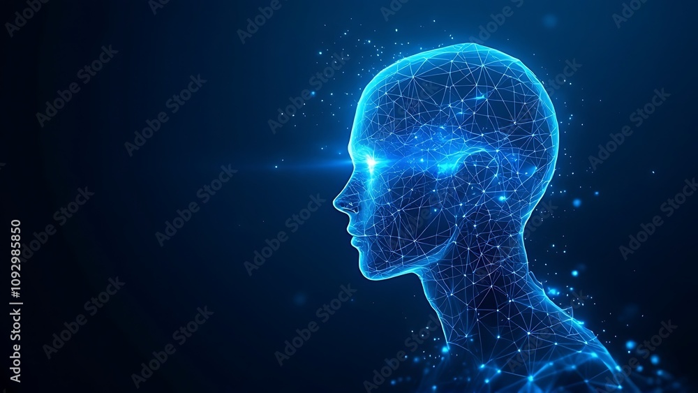 Realistic 3d man head polygonal skin. Abstract lines, triangles and particle style design. Realistic 3d man head polygonal skin. Abstract lines, triangles and particle style design.