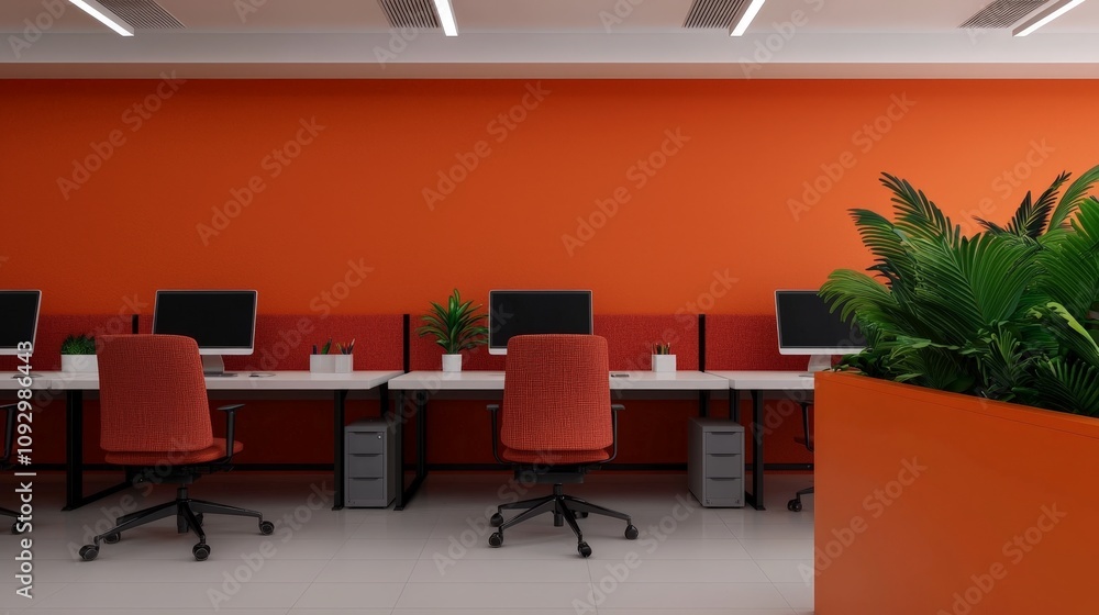Modern orange office interior with computers, plants, and red chairs. Modern orange office interior with computers, plants, and red chairs.