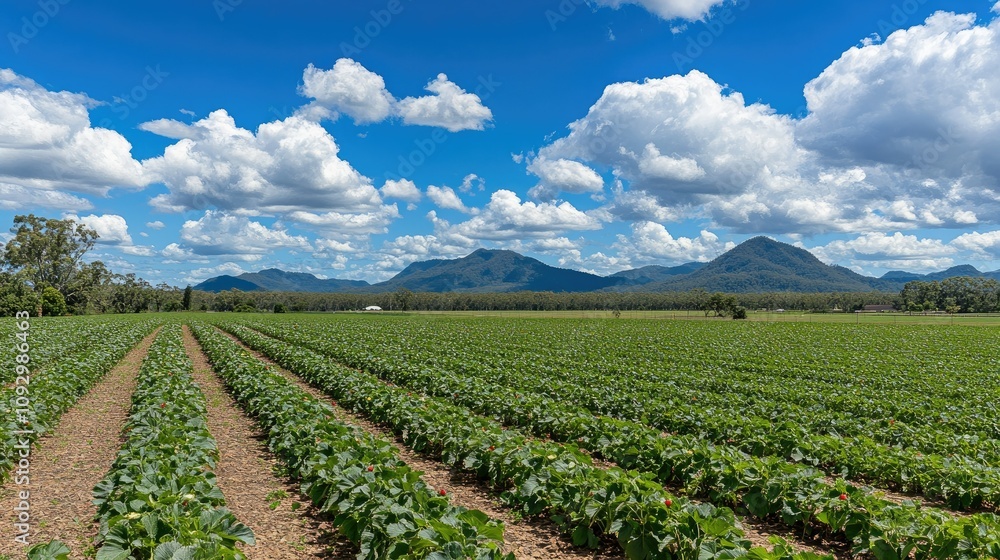 Expansive Agricultural Landscape Featuring Lush Green Strawberry Fields Under a Bright Blue Sky with Fluffy Clouds and Majestic Mountains in the Distance Expansive Agricultural Landscape Featuring Lush Green Strawberry Fields Under a Bright Blue Sky with Fluffy Clouds and Majestic Mountains in the Distance
