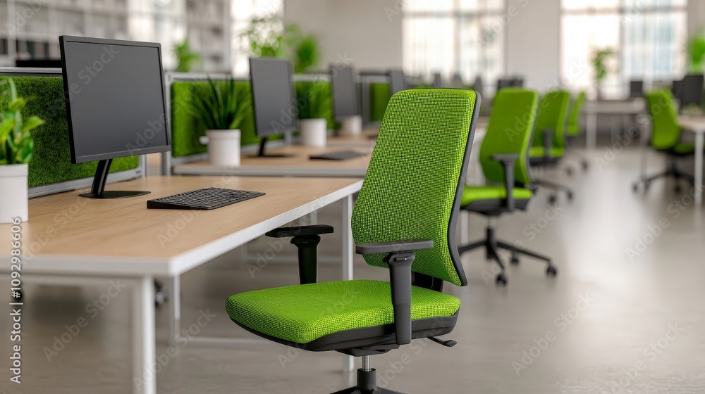 Modern green office chairs and desks in a bright, plant-filled workspace. Modern green office chairs and desks in a bright, plant-filled workspace.