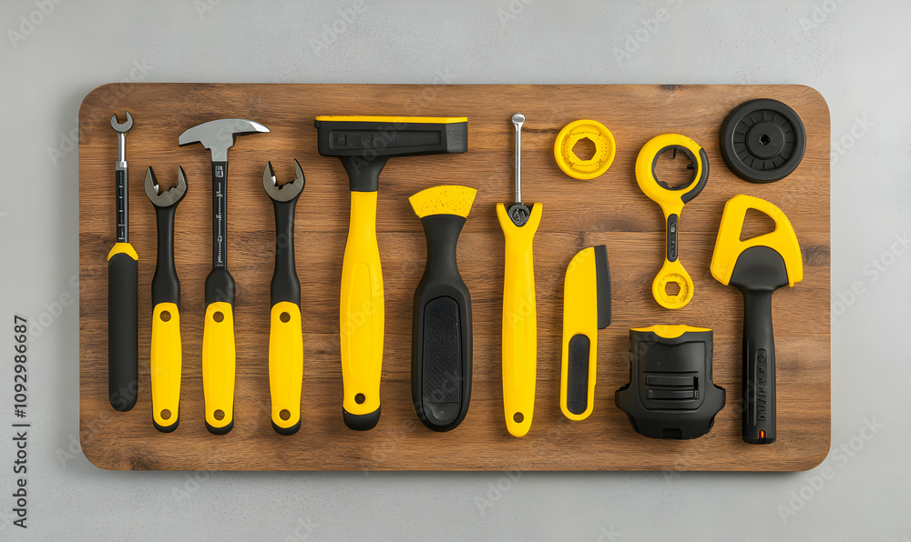 A flatlay showcasing a collection of yellow and black tools neatly arranged on a wooden board, ideal for DIY, repair, or construction concepts. A flatlay showcasing a collection of yellow and black tools neatly arranged on a wooden board, ideal for DIY, repair, or construction concepts.