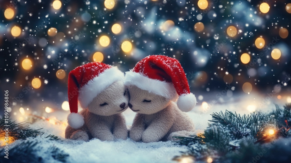 Festive 3D baby animals with Santa hats, playing in a winter wonderland setting with holiday lights and snow. Festive 3D baby animals with Santa hats, playing in a winter wonderland setting with holiday lights and snow.