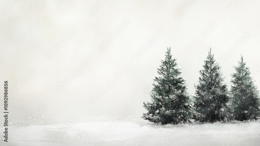 Winter forest with three pine trees on white background with empty space for text Winter forest with three pine trees on white background with empty space for text