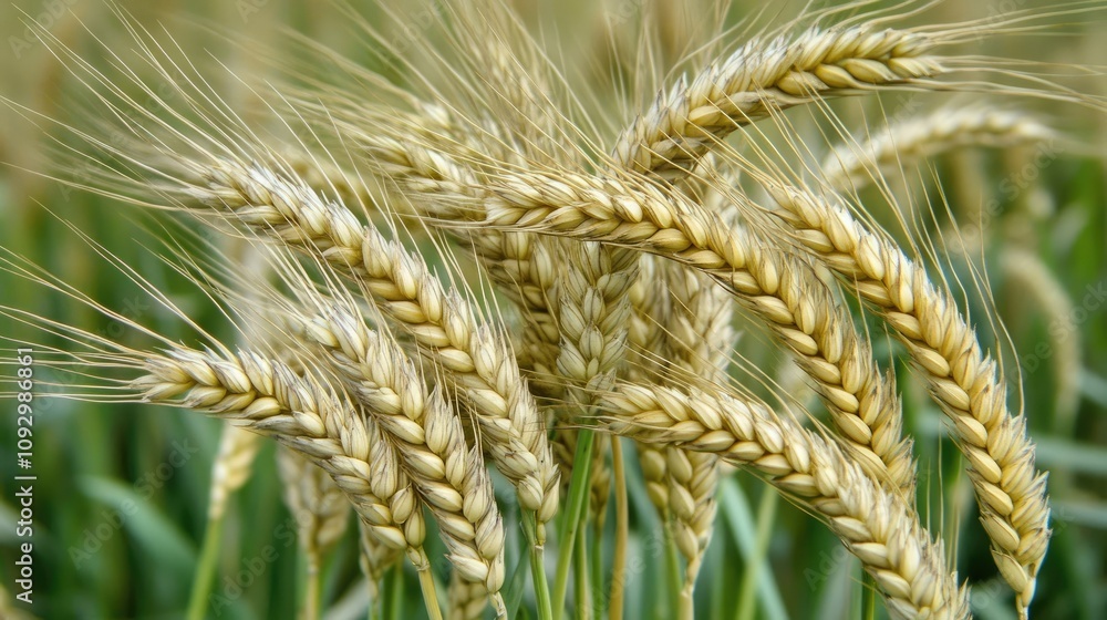 Golden Wheat Stalks Basking in Sunlight Against a Blurred Green Field Background, Symbolizing Abundance and Rich Harvest for Agriculture and Farming Concepts Golden Wheat Stalks Basking in Sunlight Against a Blurred Green Field Background, Symbolizing Abundance and Rich Harvest for Agriculture and Farming Concepts