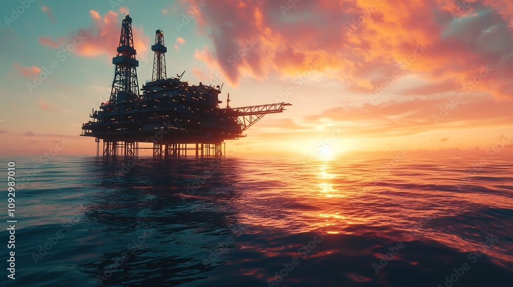 Dramatic sunrise with vibrant orange and pink hues reflecting on the surface of the ocean with an offshore oil rig platform standing tall against the colorful sky Dramatic sunrise with vibrant orange and pink hues reflecting on the surface of the ocean with an offshore oil rig platform standing tall against the colorful sky