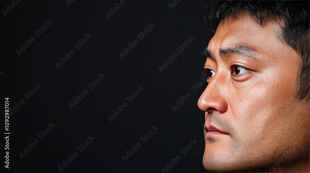Close-up profile of a serious Asian man against a black background. Close-up profile of a serious Asian man against a black background.